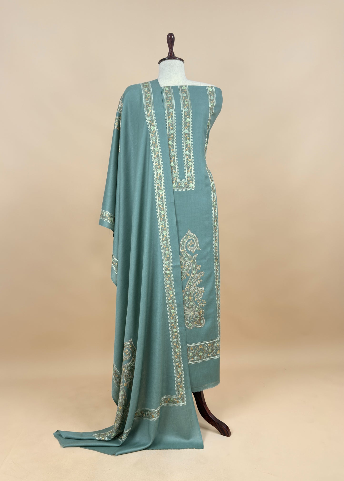 Pastel Green Pure Merino Wool With Beautiful Aari Embroidery
