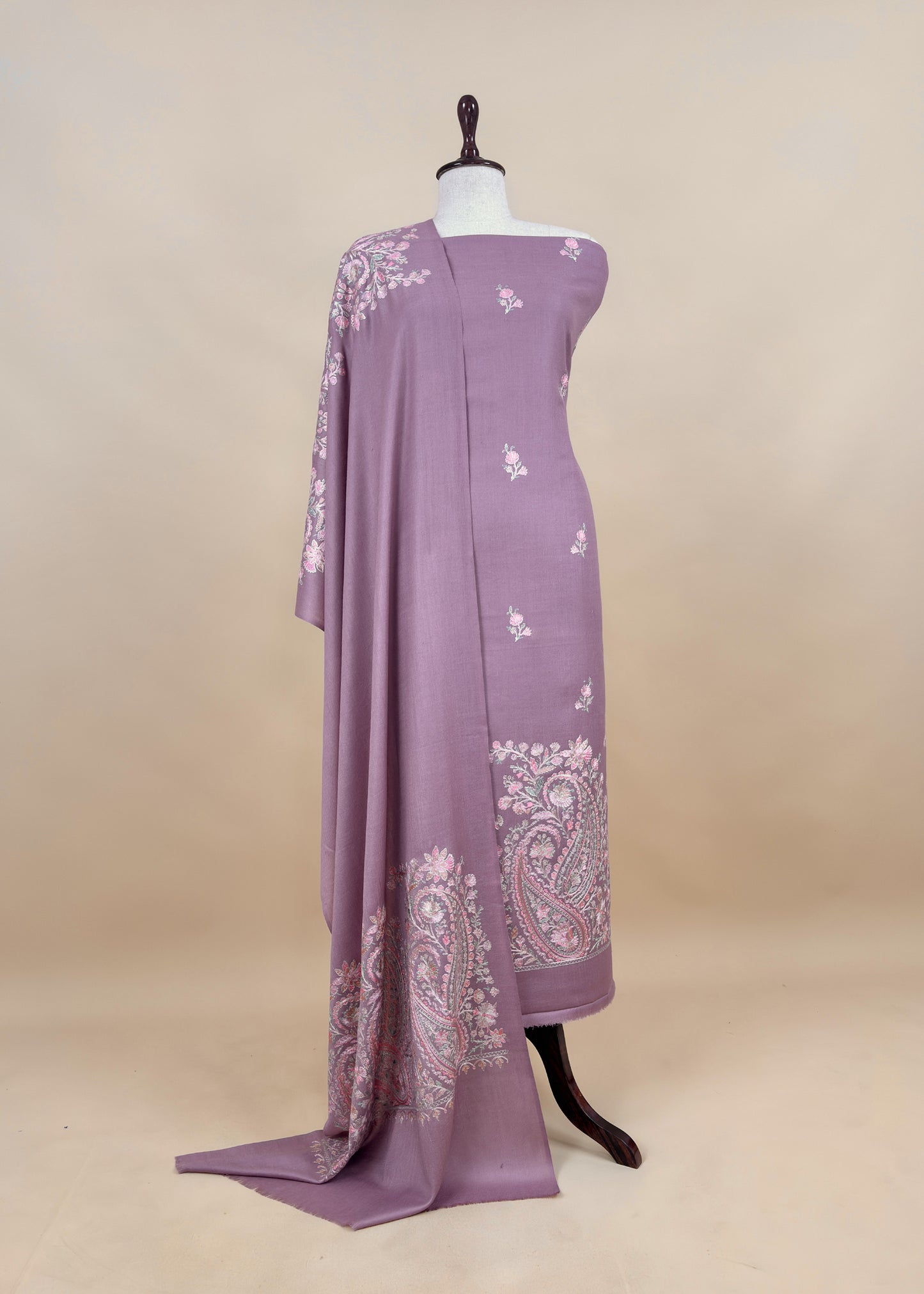 Beige Unstitched Woolen Suit With Aari Embroidery Work