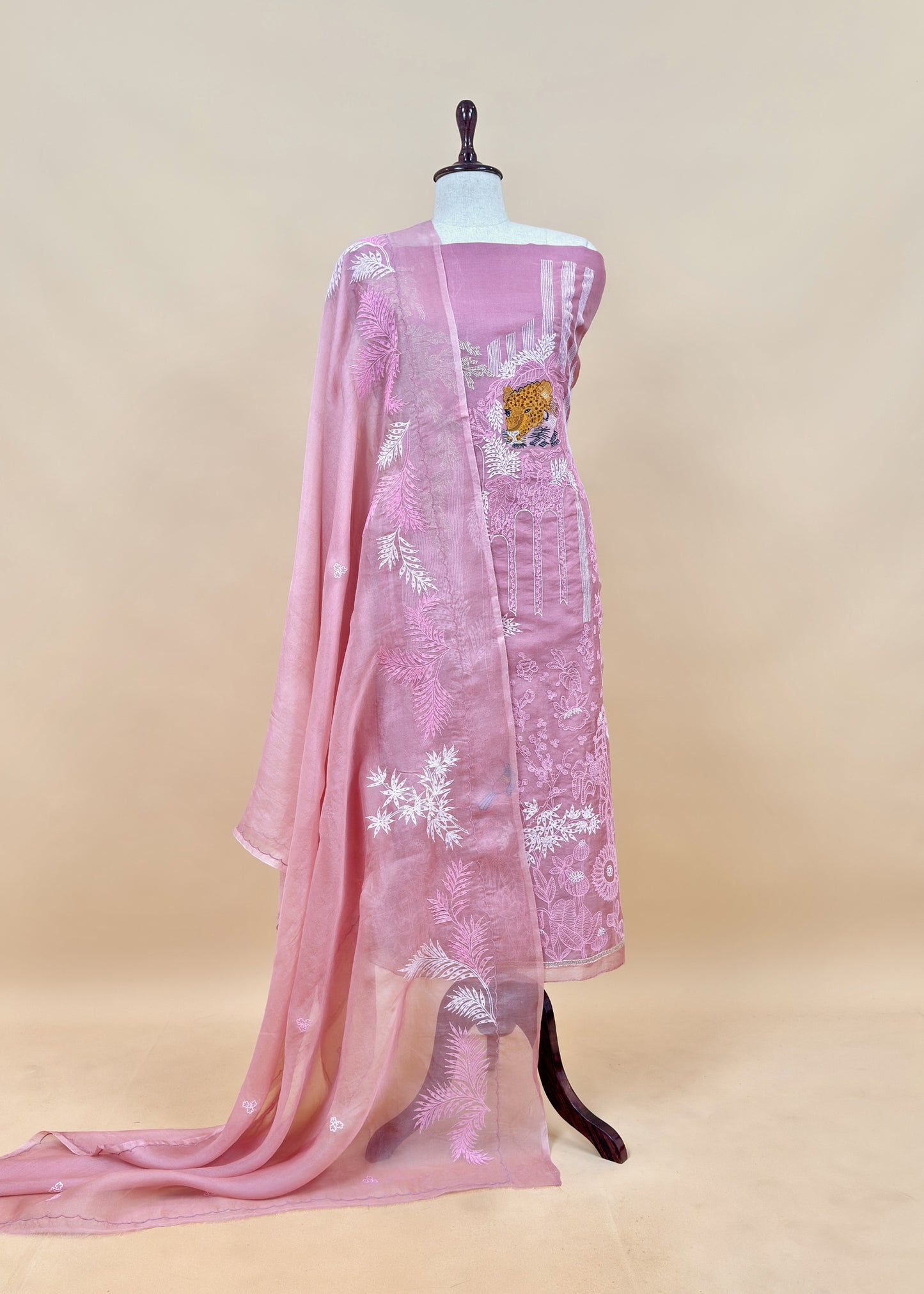 Garden of Dreams Luxe Baby Pink Handloom Kora Silk Suit fabric with Gold Dori and French thread embroidery