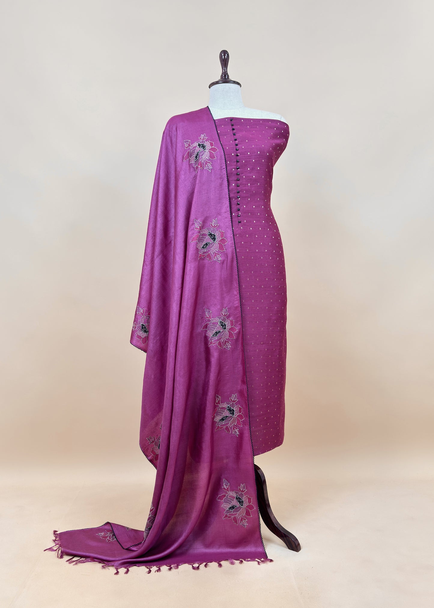 Sahiba Coffee Maroon Handloom Desi Tussar Suit Fabric With Applique Work And Embroidery