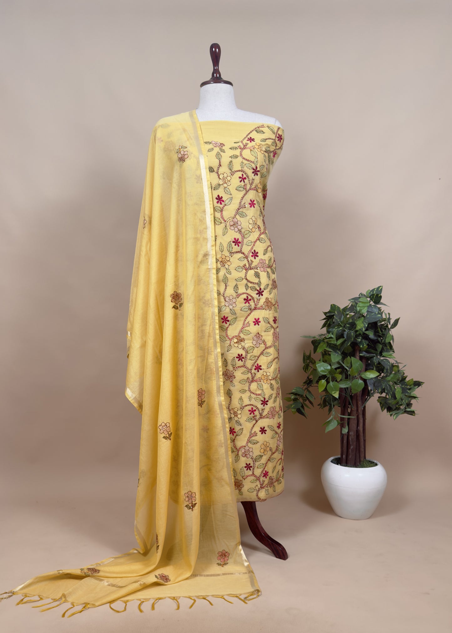 Yellow Kantha Embroidered Suit In Pure Mul Chanderi