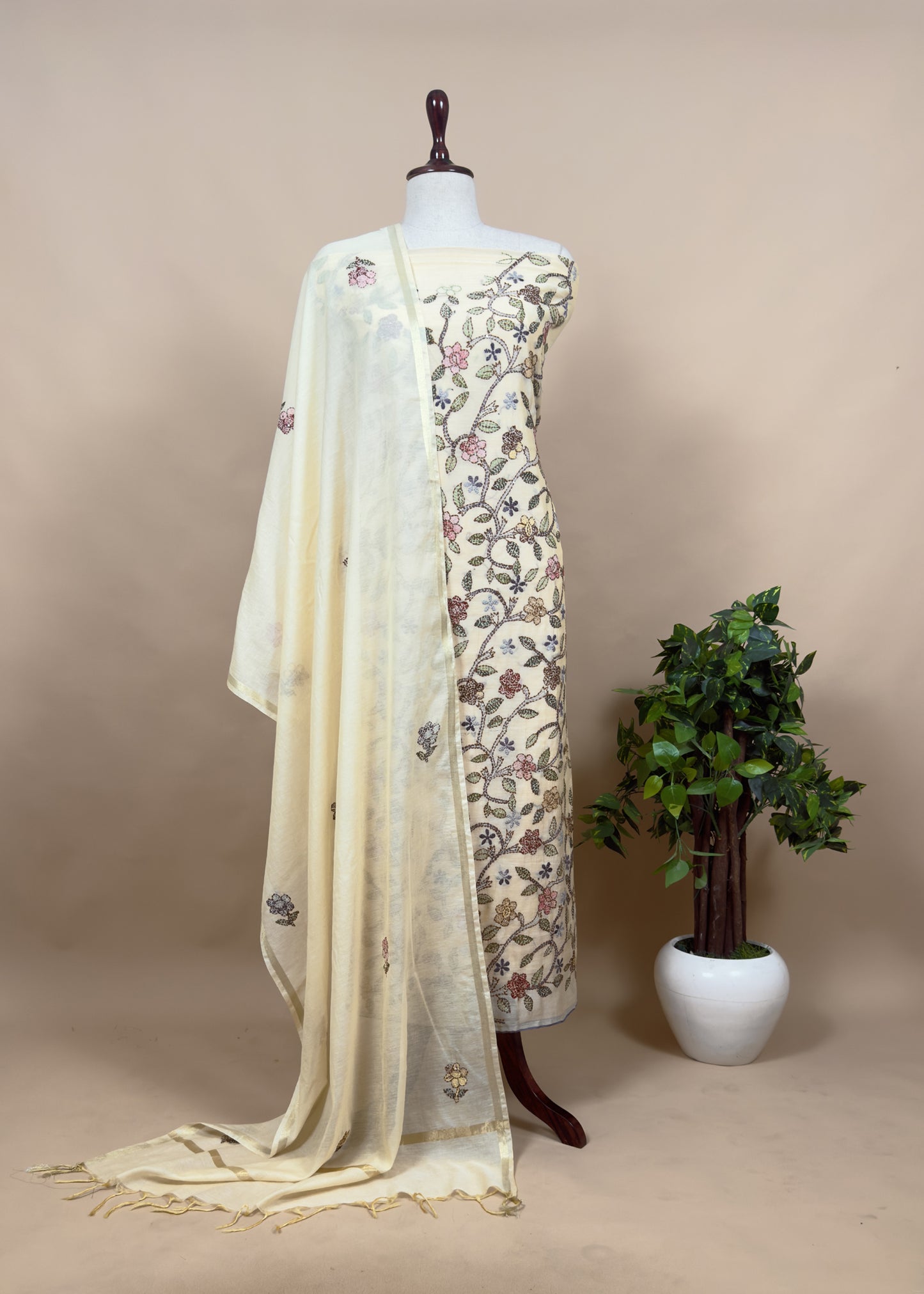 Yellow Kantha Embroidered Suit In Pure Mul Chanderi
