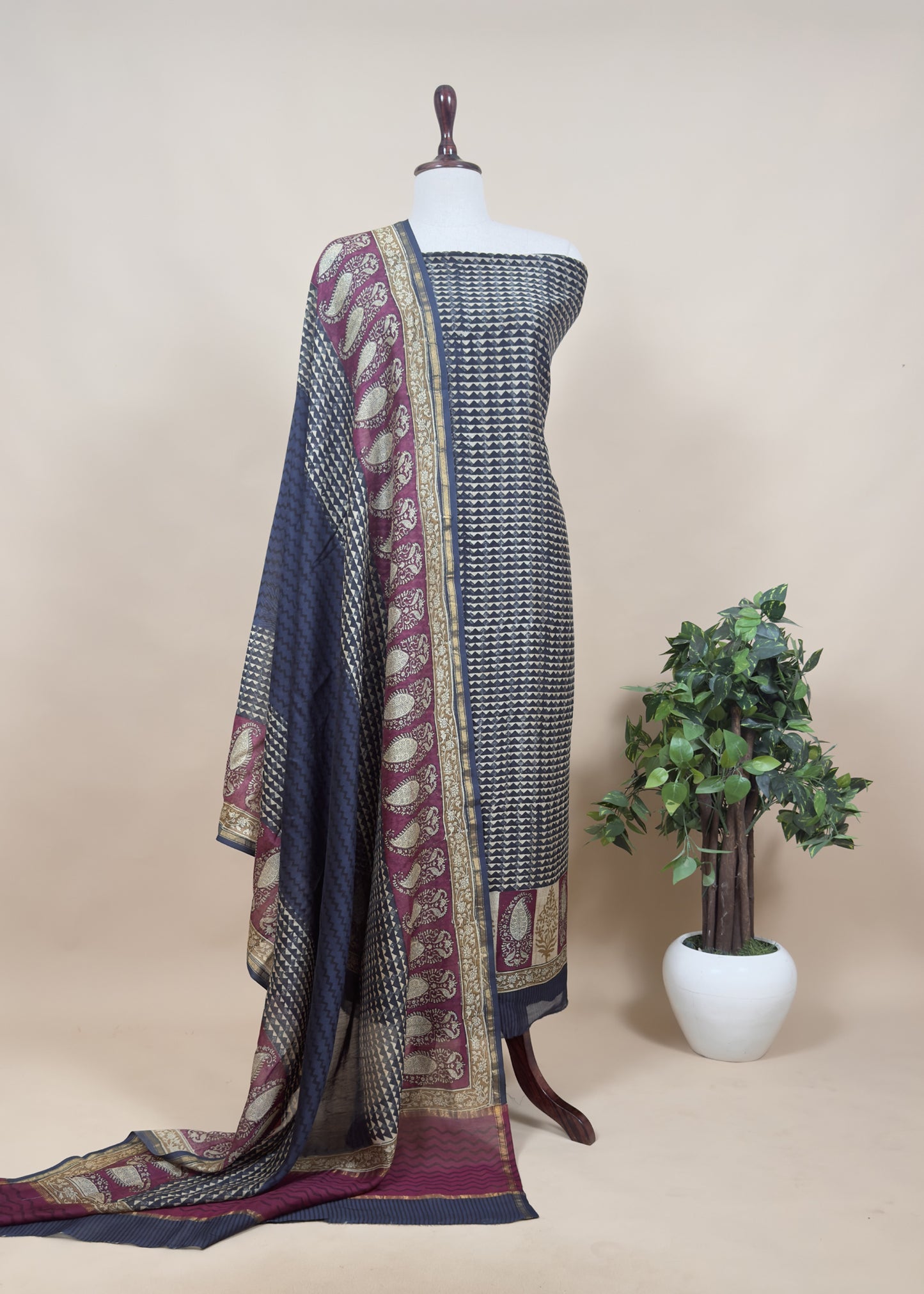 Wine Handloom Maheshwari Silk Suit With Hand Block Print