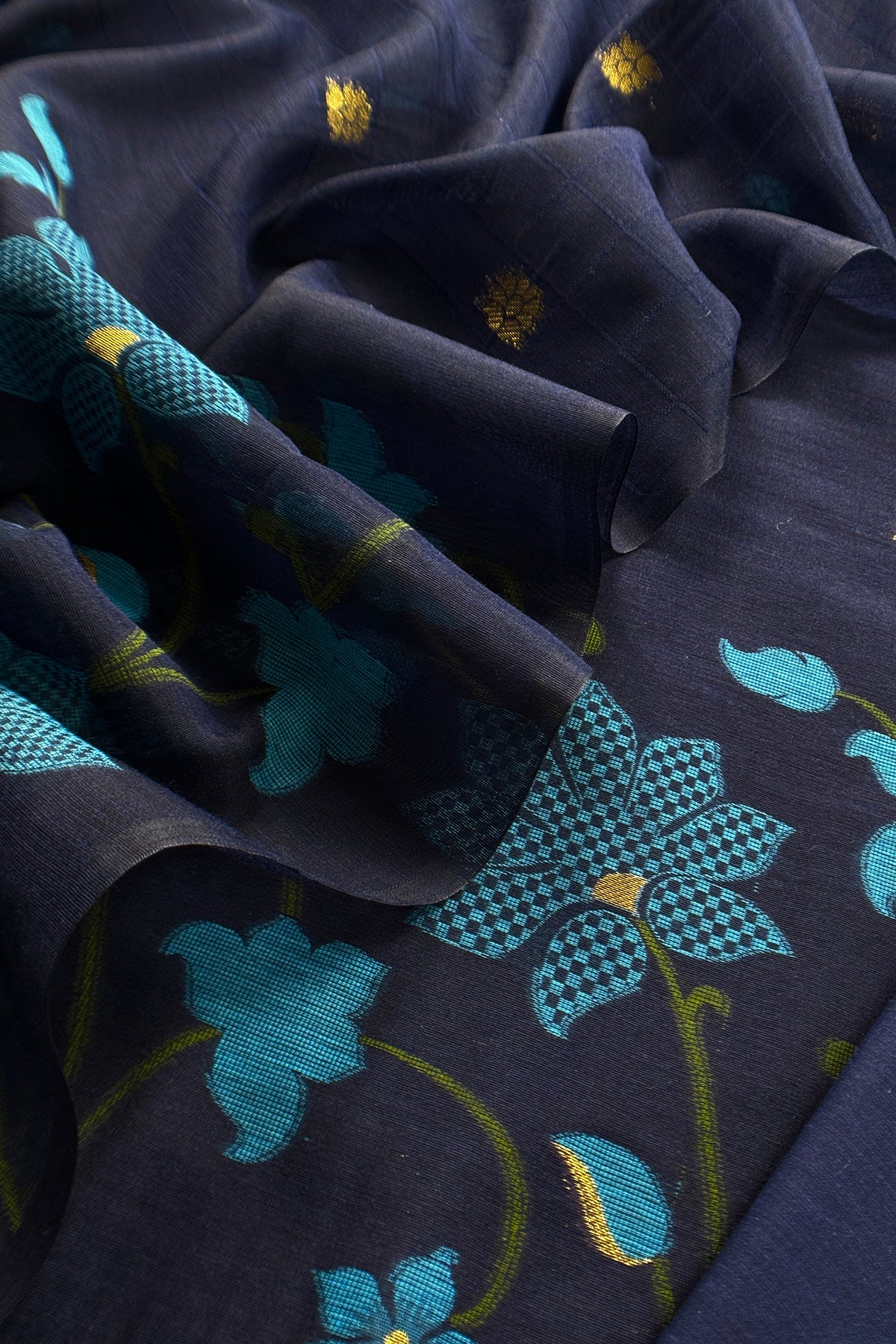 Blue Chanderi Linen Suit With Jamdani Weaving