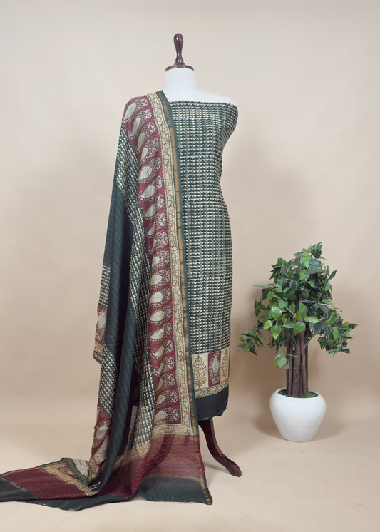 Green Handloom Maheshwari Silk Suit With Hand Block Print