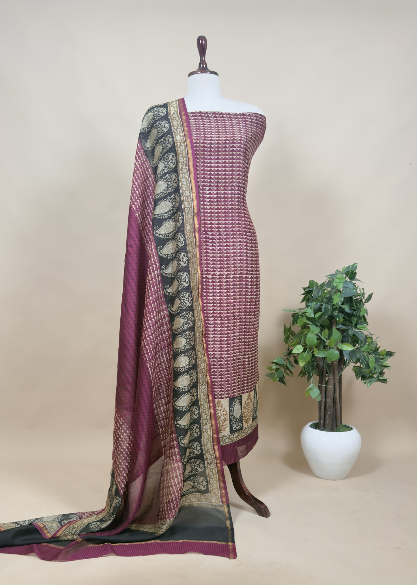 Wine Handloom Maheshwari Silk Suit With Hand Block Print