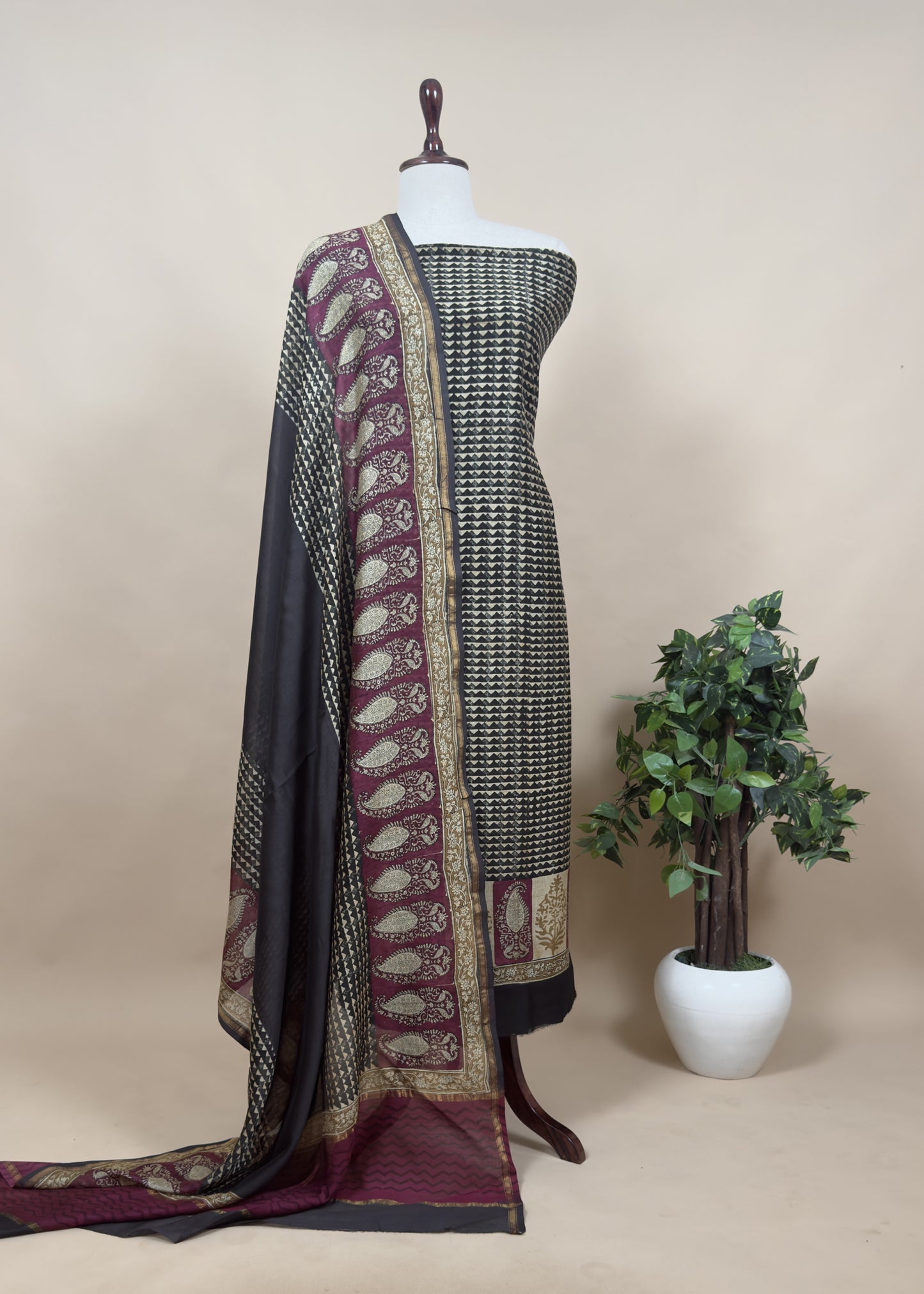 Wine Handloom Maheshwari Silk Suit With Hand Block Print