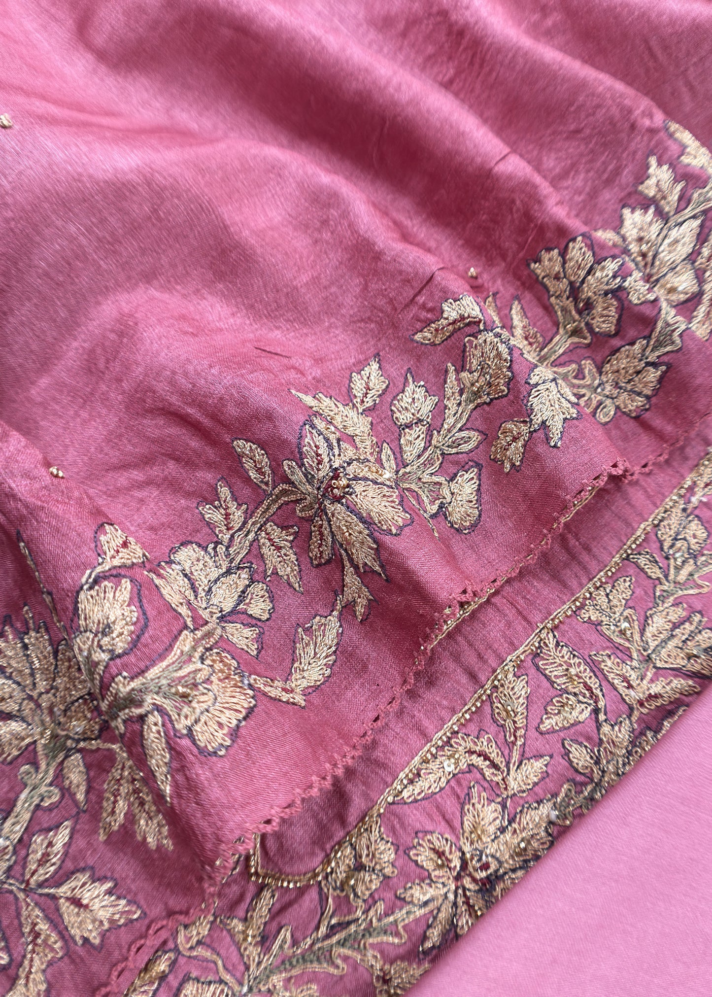 Pink Tussar Unstitched Suit With Aari Embroidery