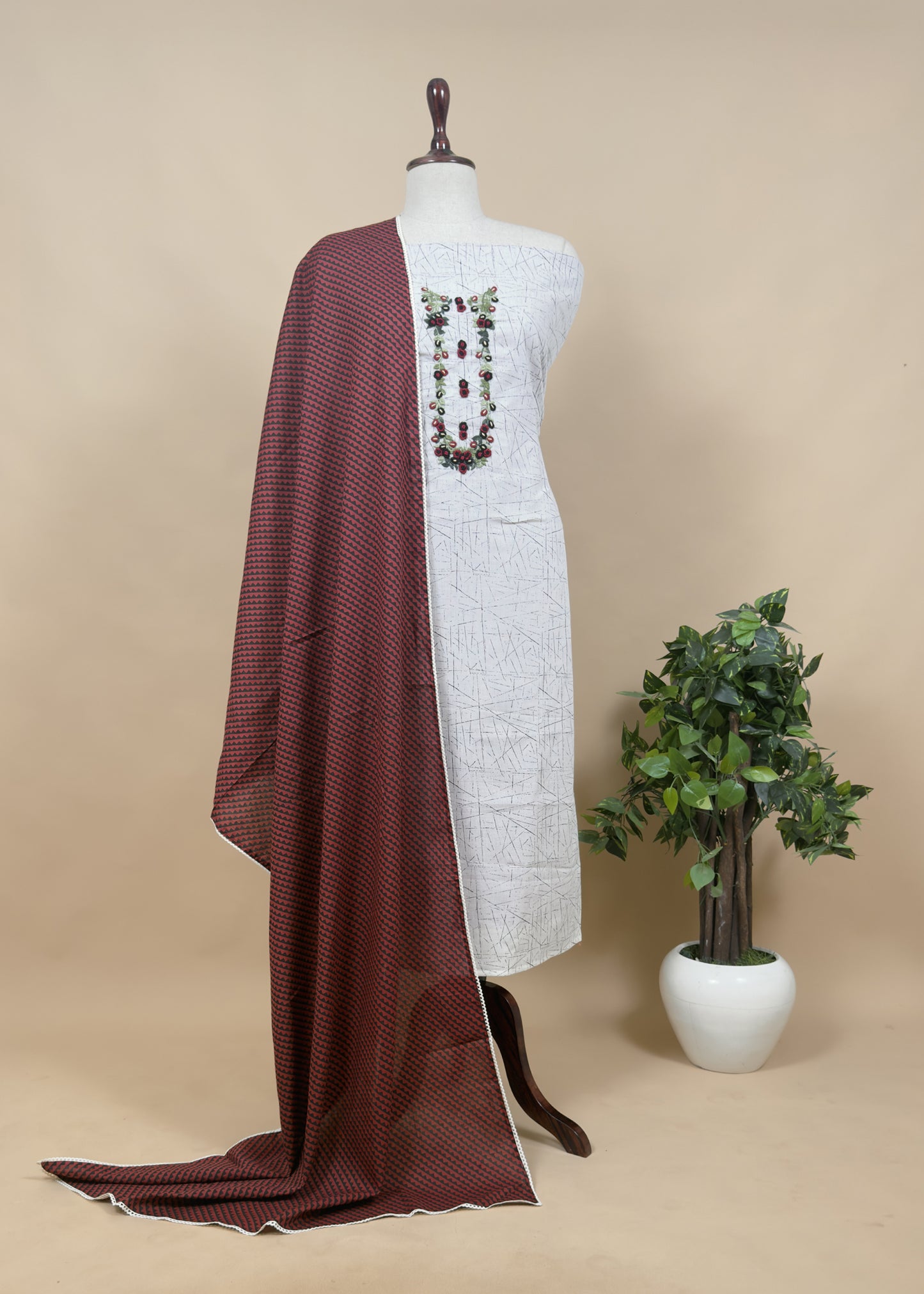 White Pure Linen Cotton Suit With French Knot Embroidery