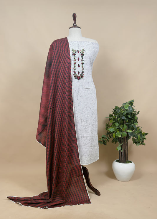 White Pure Linen Cotton Suit With French Knot Embroidery