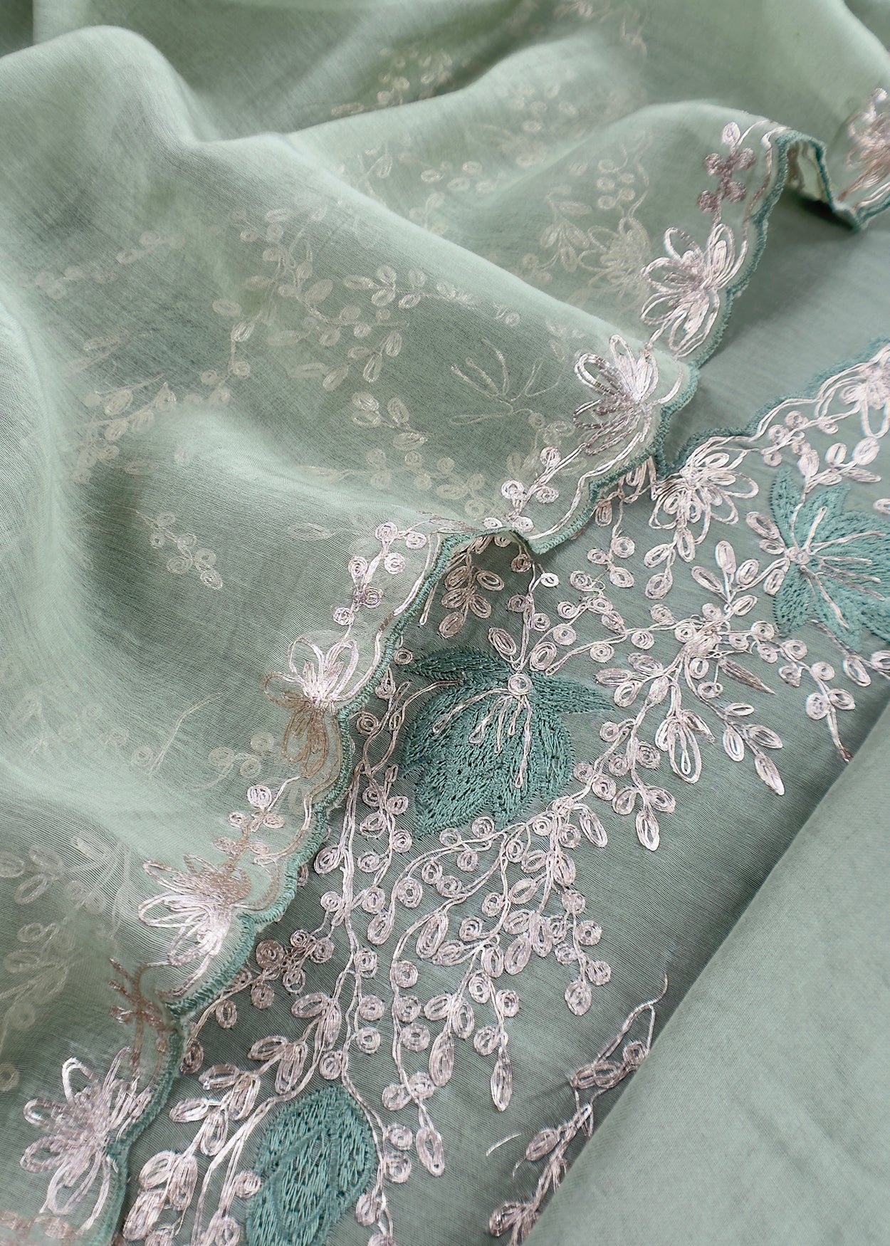 Sage Green Handloom Mulmul Suit With Pitta Work