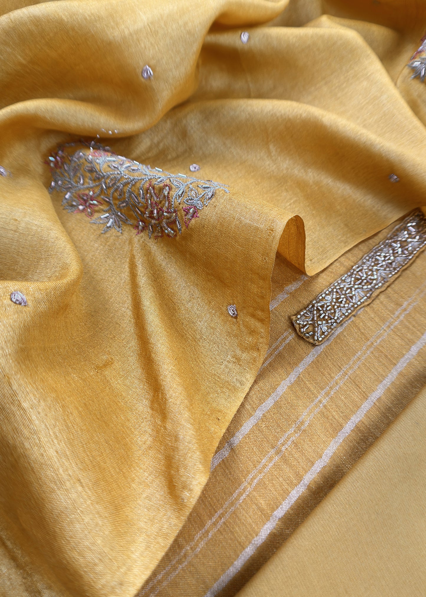 Marigold yellow Handloom desi Tussar suit with handwork