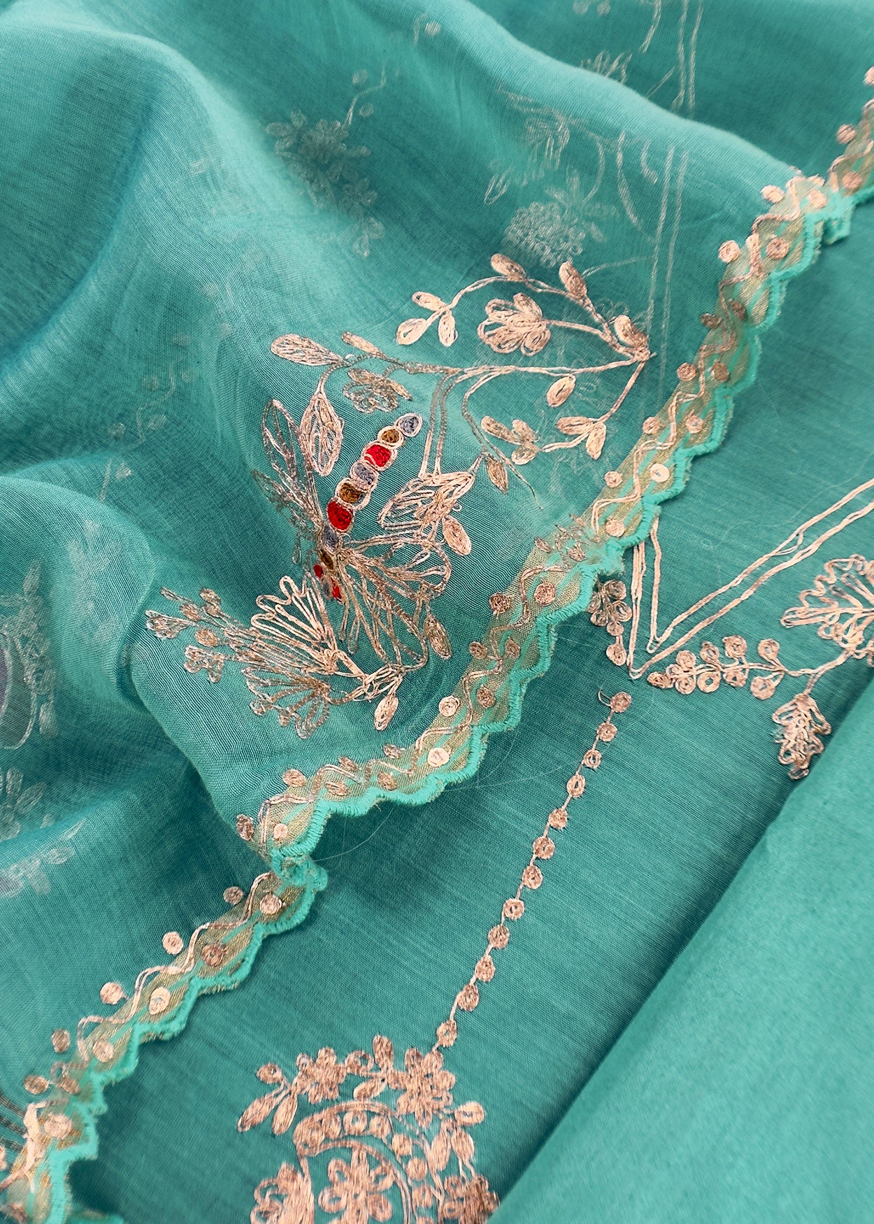 Tiffany Blue Mul Chanderi Unstitched Suit With Pitta Work