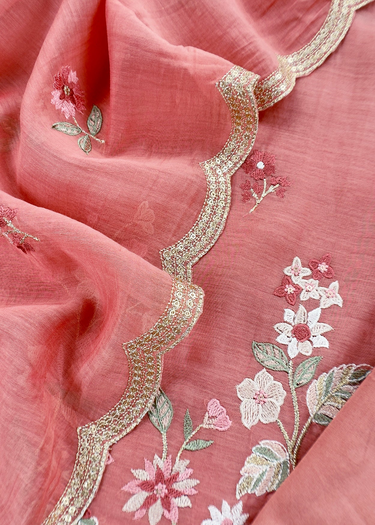 Peach Pure Mul Cotton Suit With Flower Embroidery