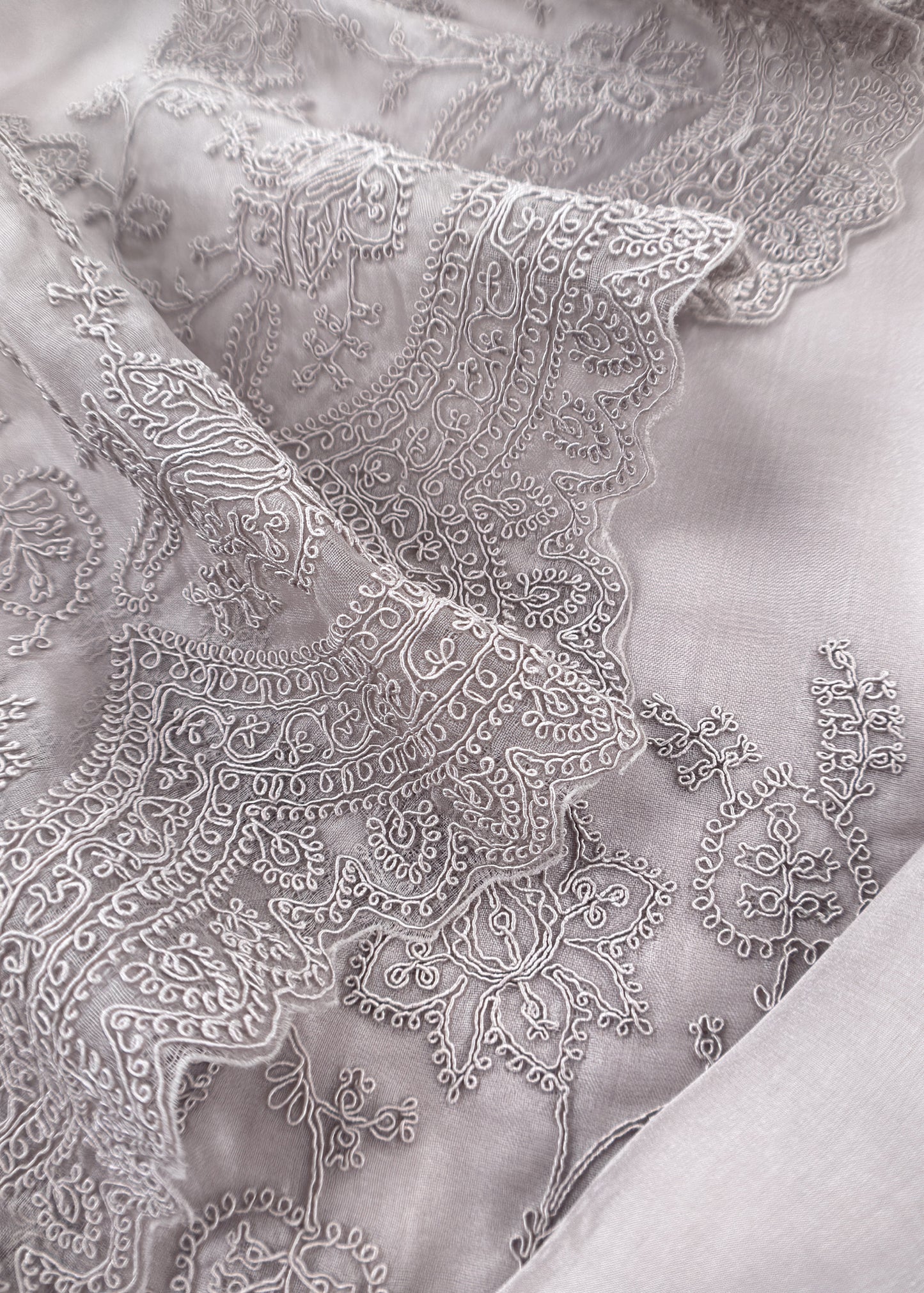 Grey Kalasheel Luxe Handloom Organza Suit With Garden French Embroidery