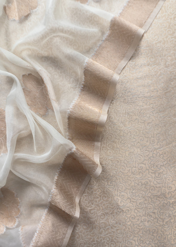 White Banarasi Silk Brocade Suit With Organza Dupatta
