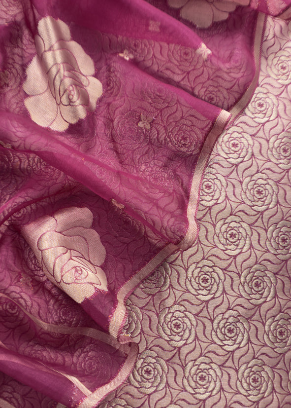 Pink Banarasi Silk Brocade Suit With Organza Dupatta