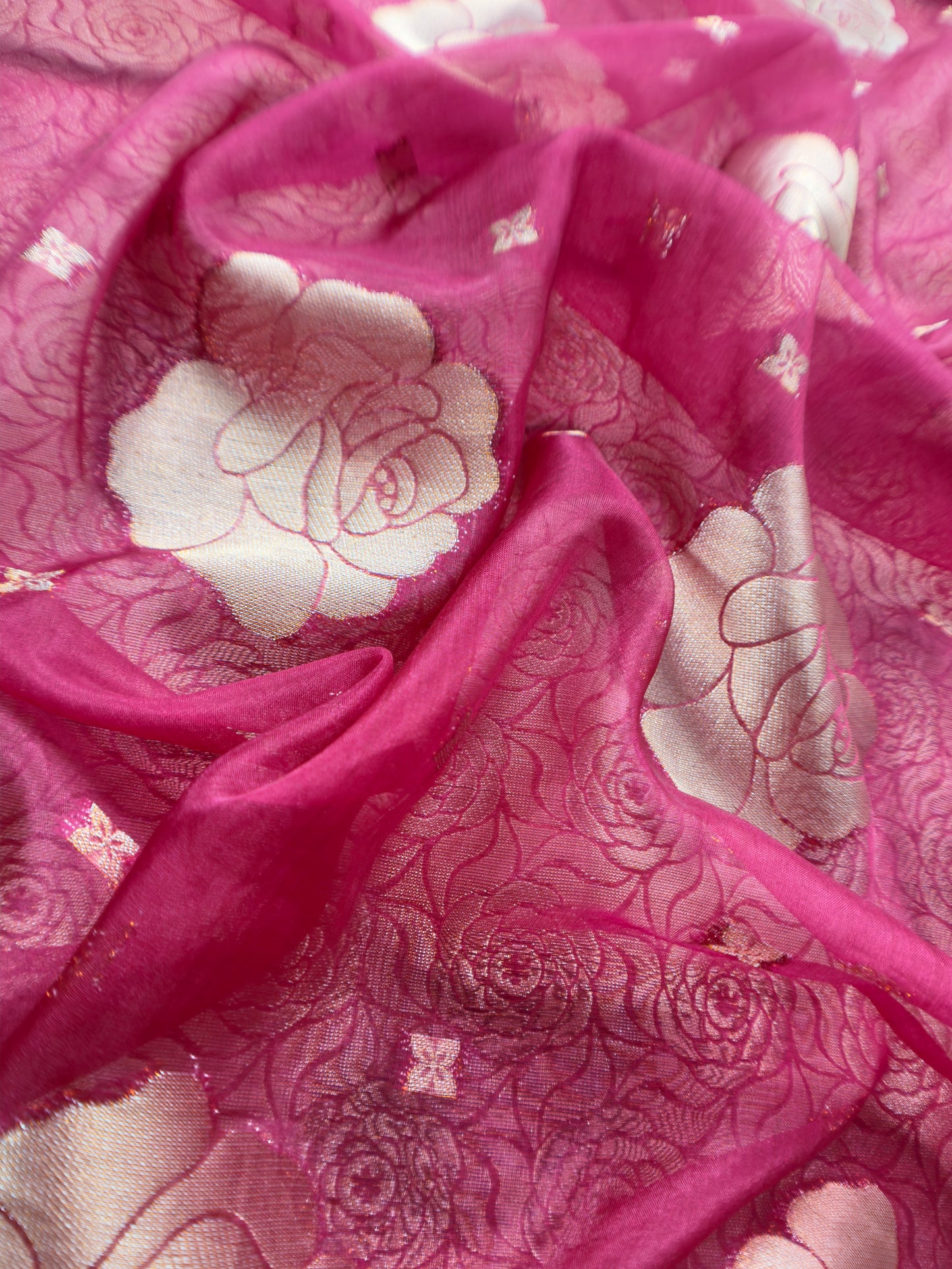 Pink Banarasi Silk Brocade Suit With Organza Dupatta