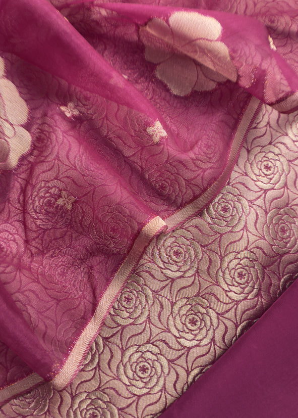 Pink Banarasi Silk Brocade Suit With Organza Dupatta