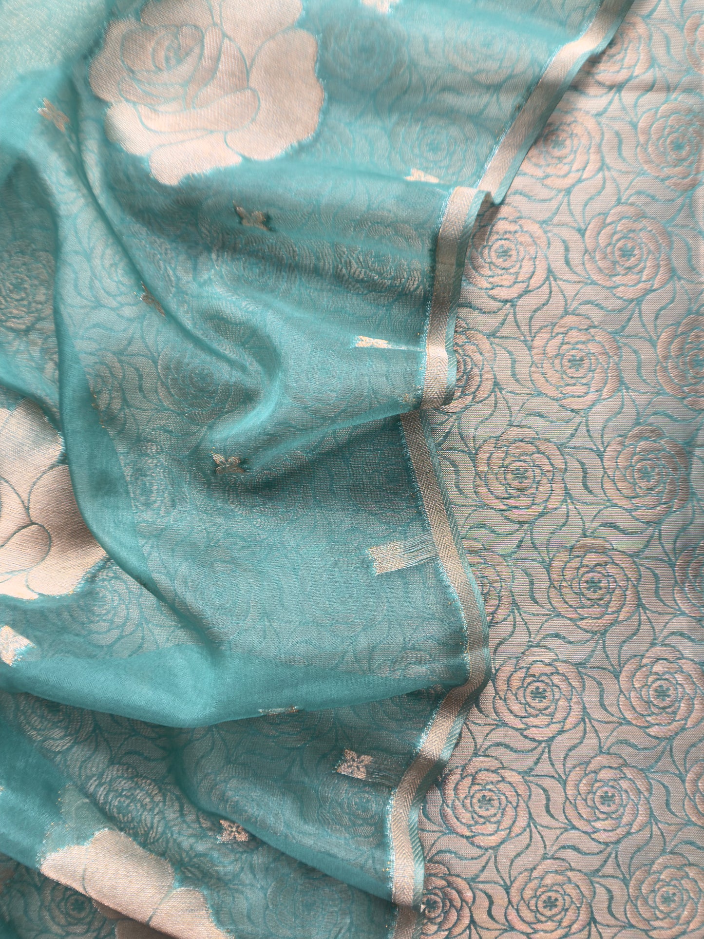 Pine Green Banarasi Silk Brocade Suit With Organza Dupatta