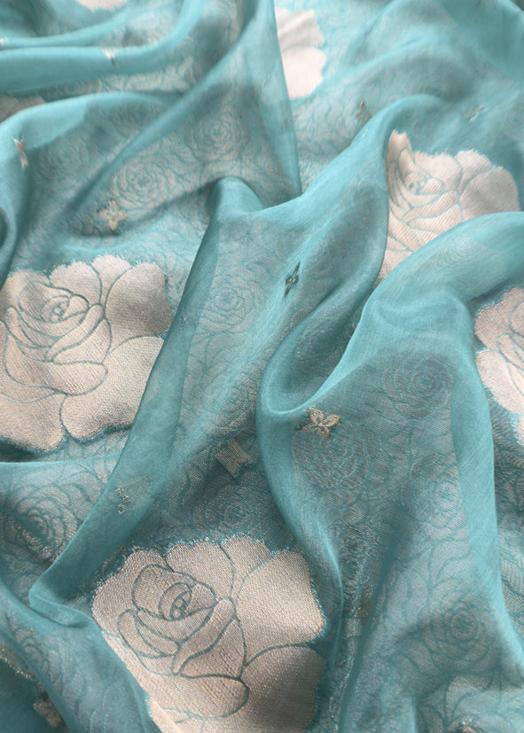 Pine Green Banarasi Silk Brocade Suit With Organza Dupatta