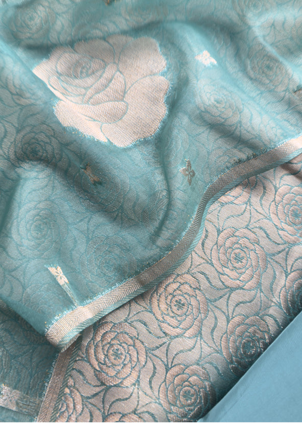 Pine Green Banarasi Silk Brocade Suit With Organza Dupatta
