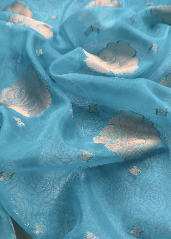 Firozi Banarasi Silk Brocade Suit With Organza Dupatta