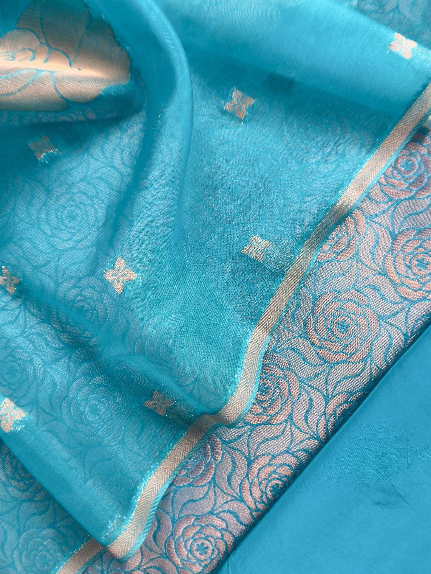 Firozi Banarasi Silk Brocade Suit With Organza Dupatta