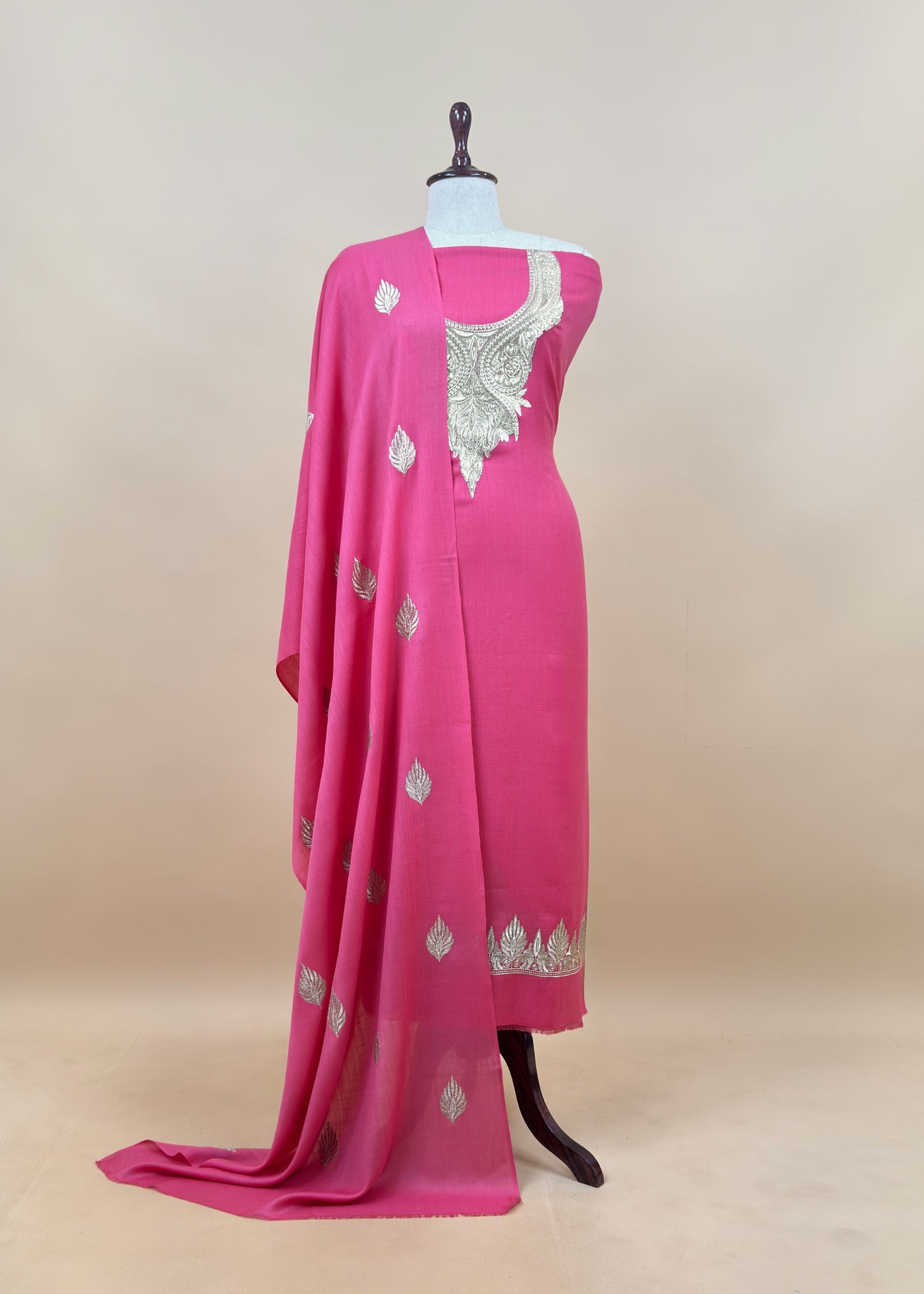 Red Woolen Unstitched Suit With Aari Zari Embroidery