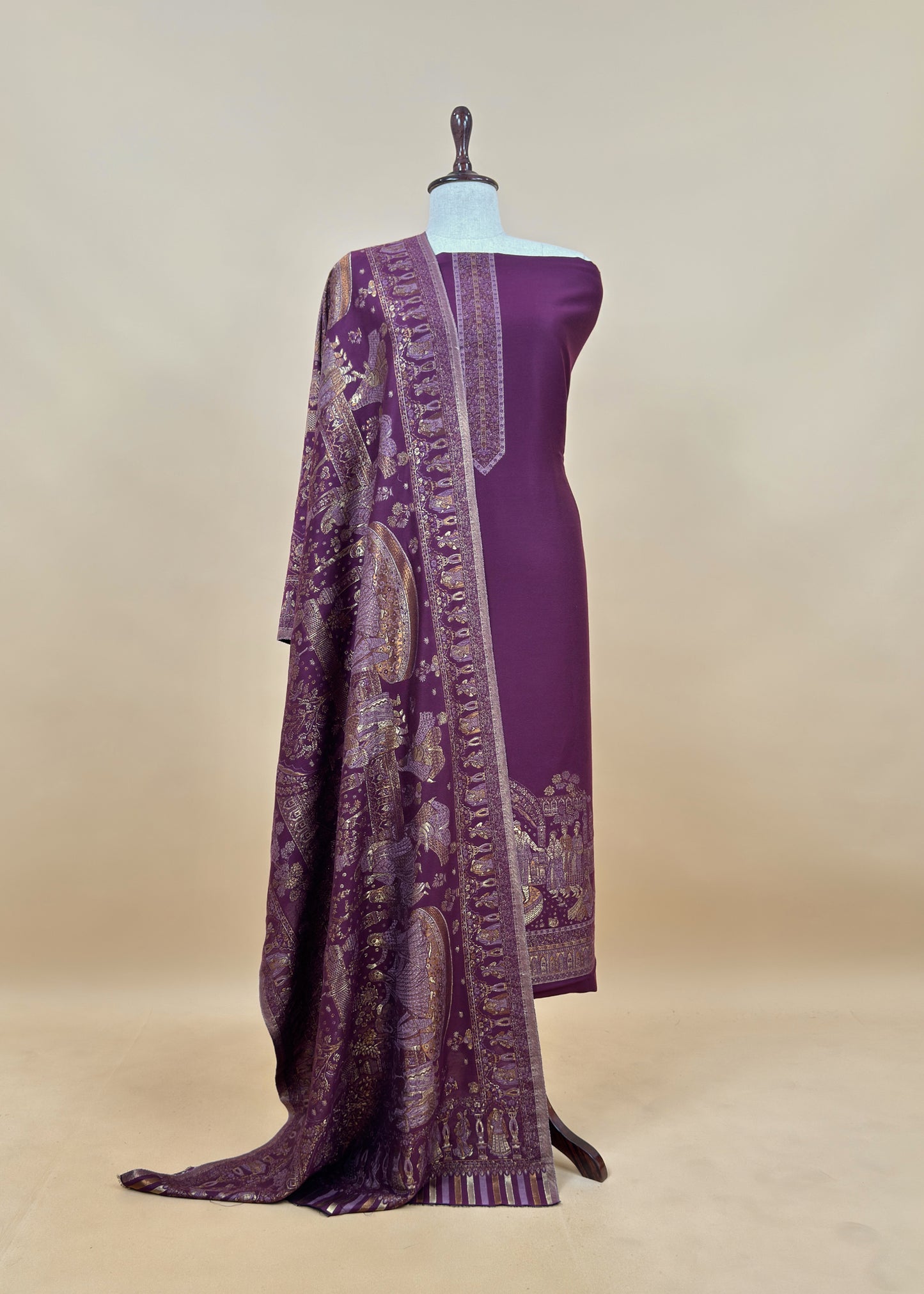 Purple Pure Woolen Suit With Kani Weaving