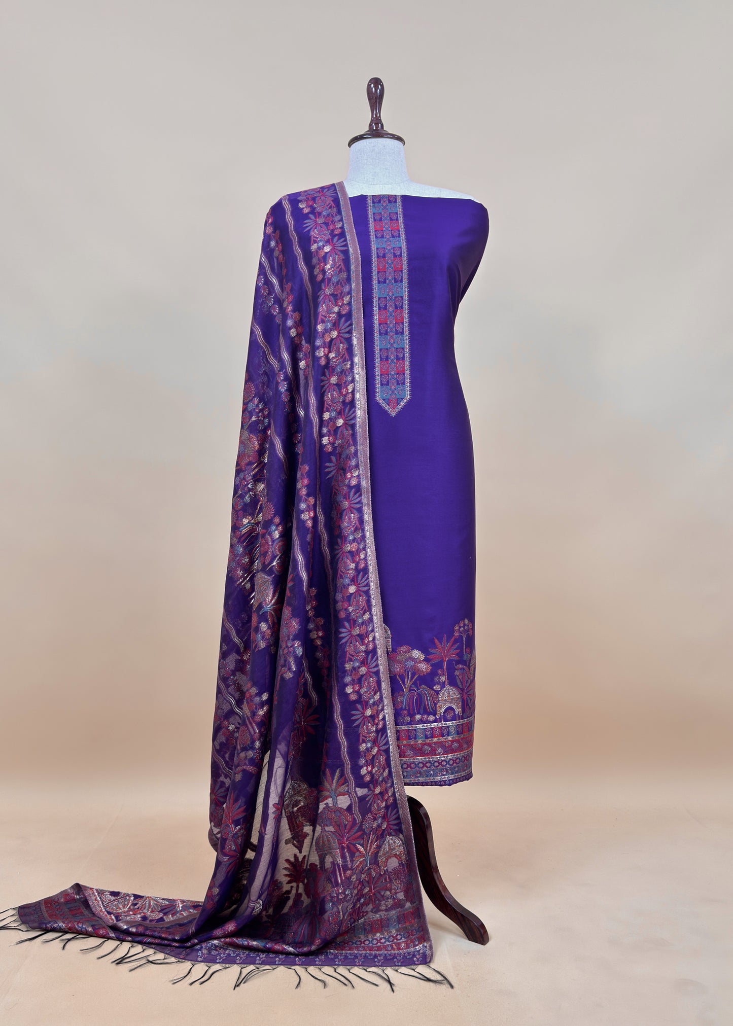 Wine Pure Silk Suit With Kani Gold Zari Weaving