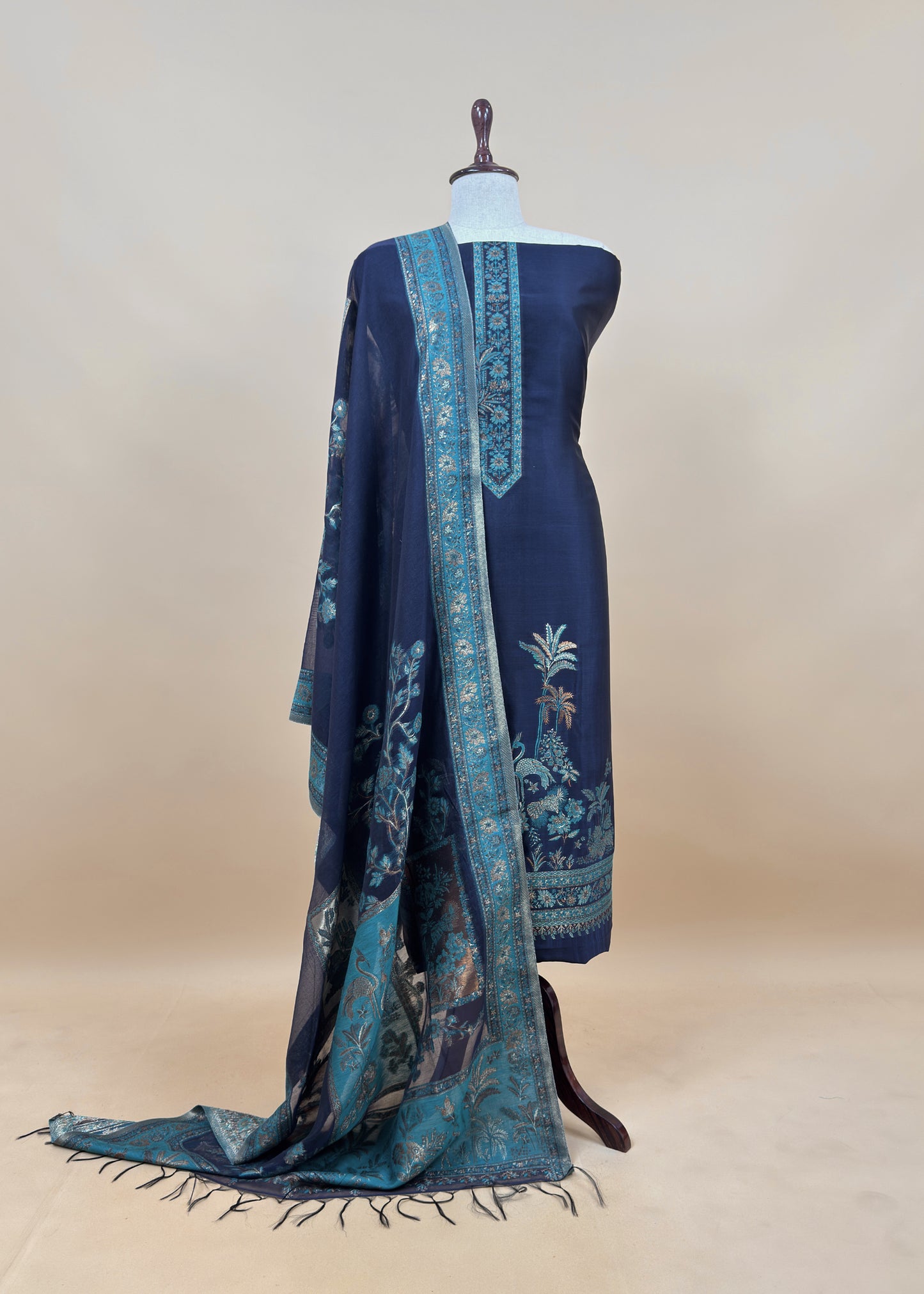 Blue Unstitched Satin Silk Suit With Kani Weaving