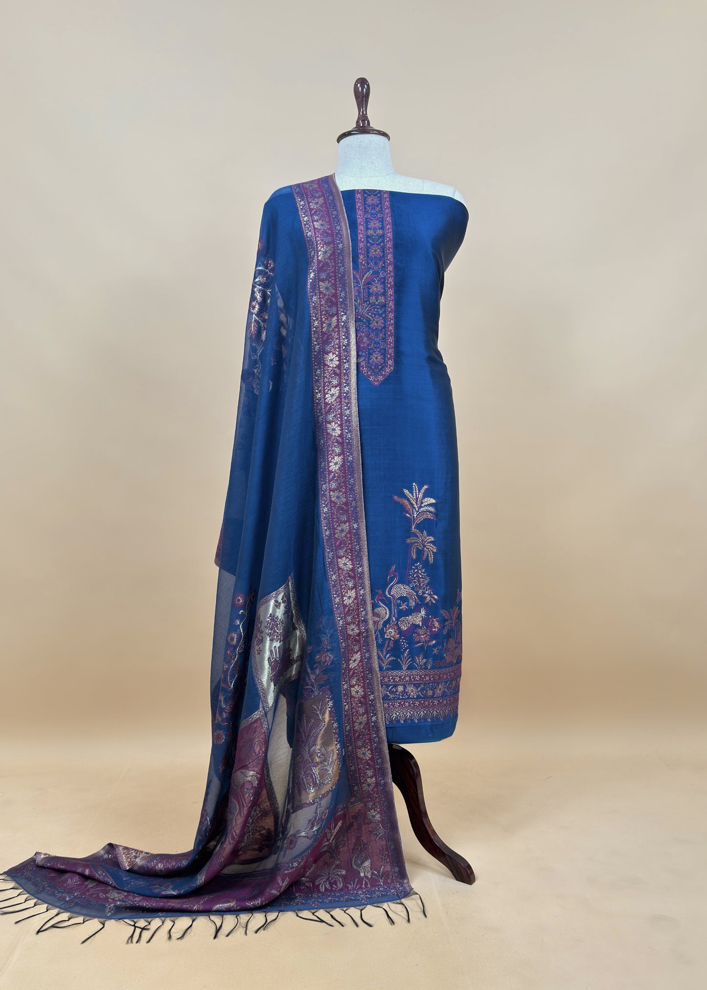 Navy Blue Unstitched Satin Silk Suit With Kani Weaving