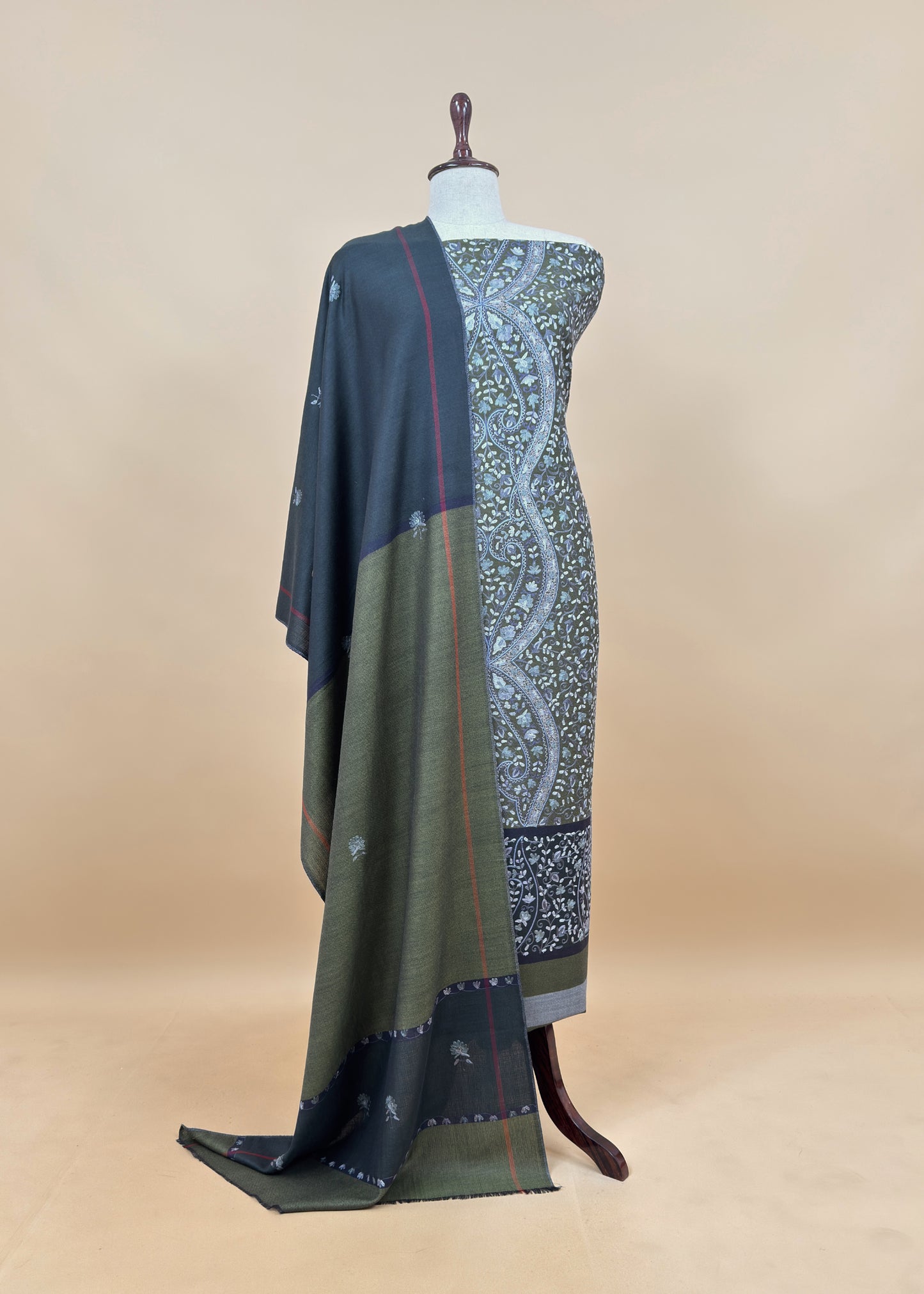 Blue And Red Grey Pure Merino Wool With Beautiful Aari Embroidery