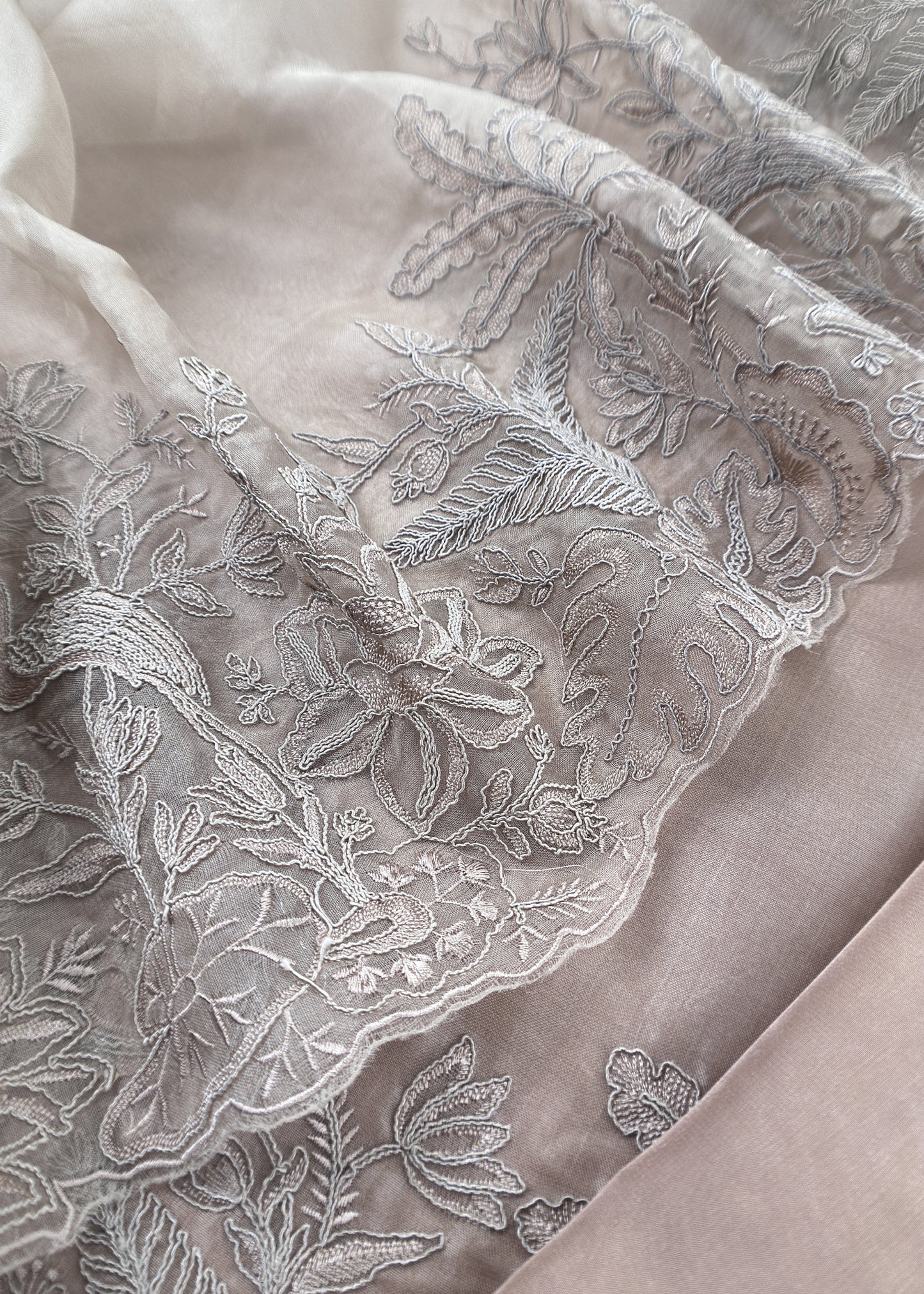 Metallic Grey Kalasheel Luxe Handloom Organza Suit With Garden French Embroidery