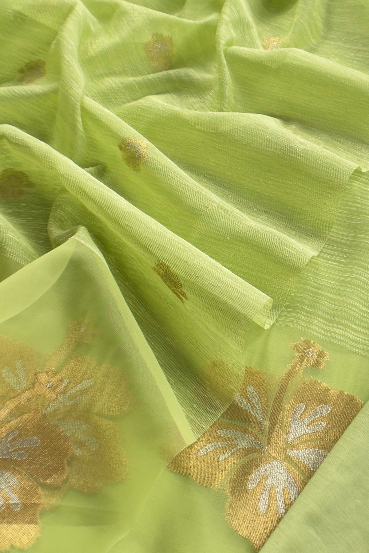 Parrot Green Linen Chanderi Suit With Gold Zari Jamdani Weaving