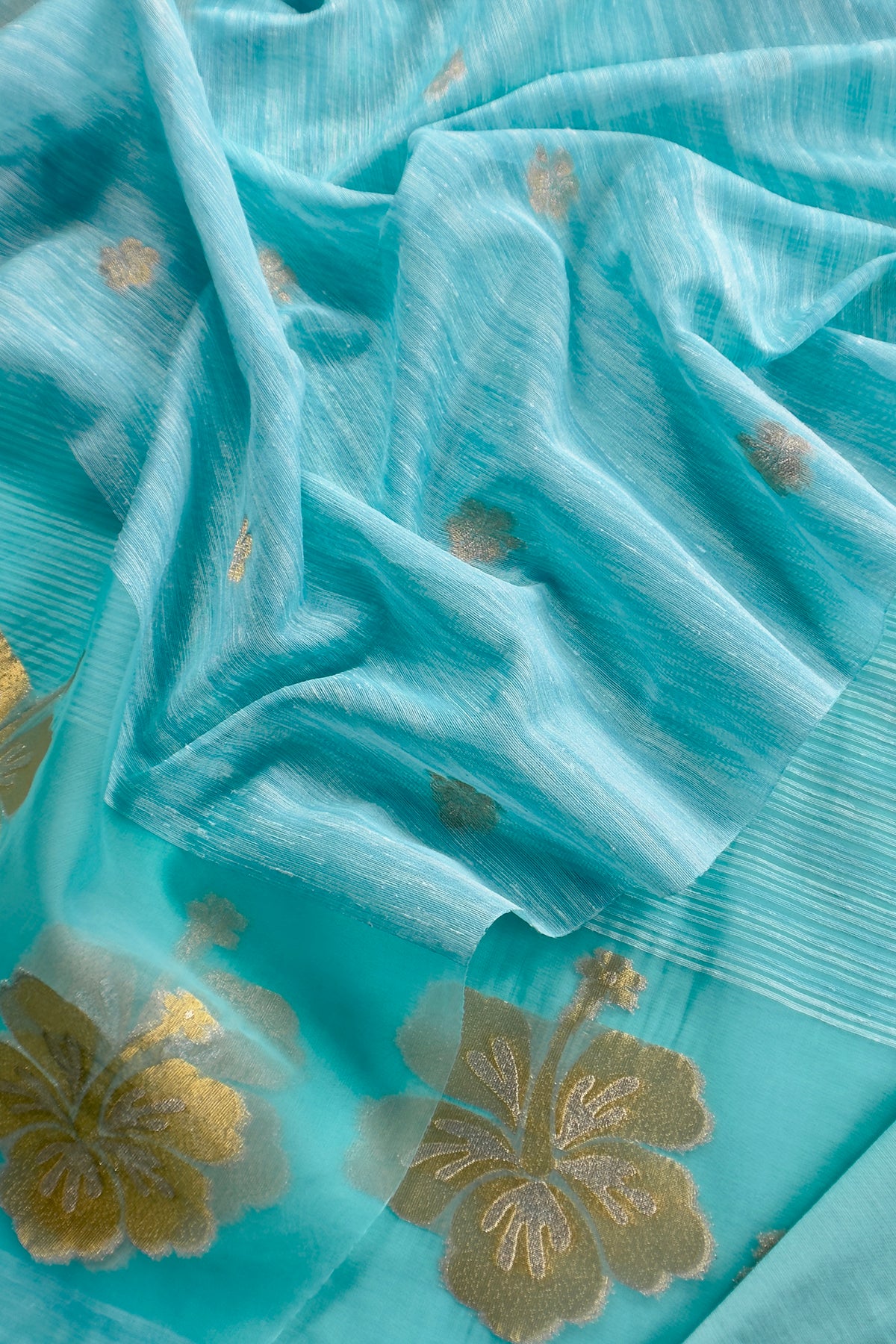 Ice Blue Linen Chanderi Suit With Gold Zari Jamdani Weaving