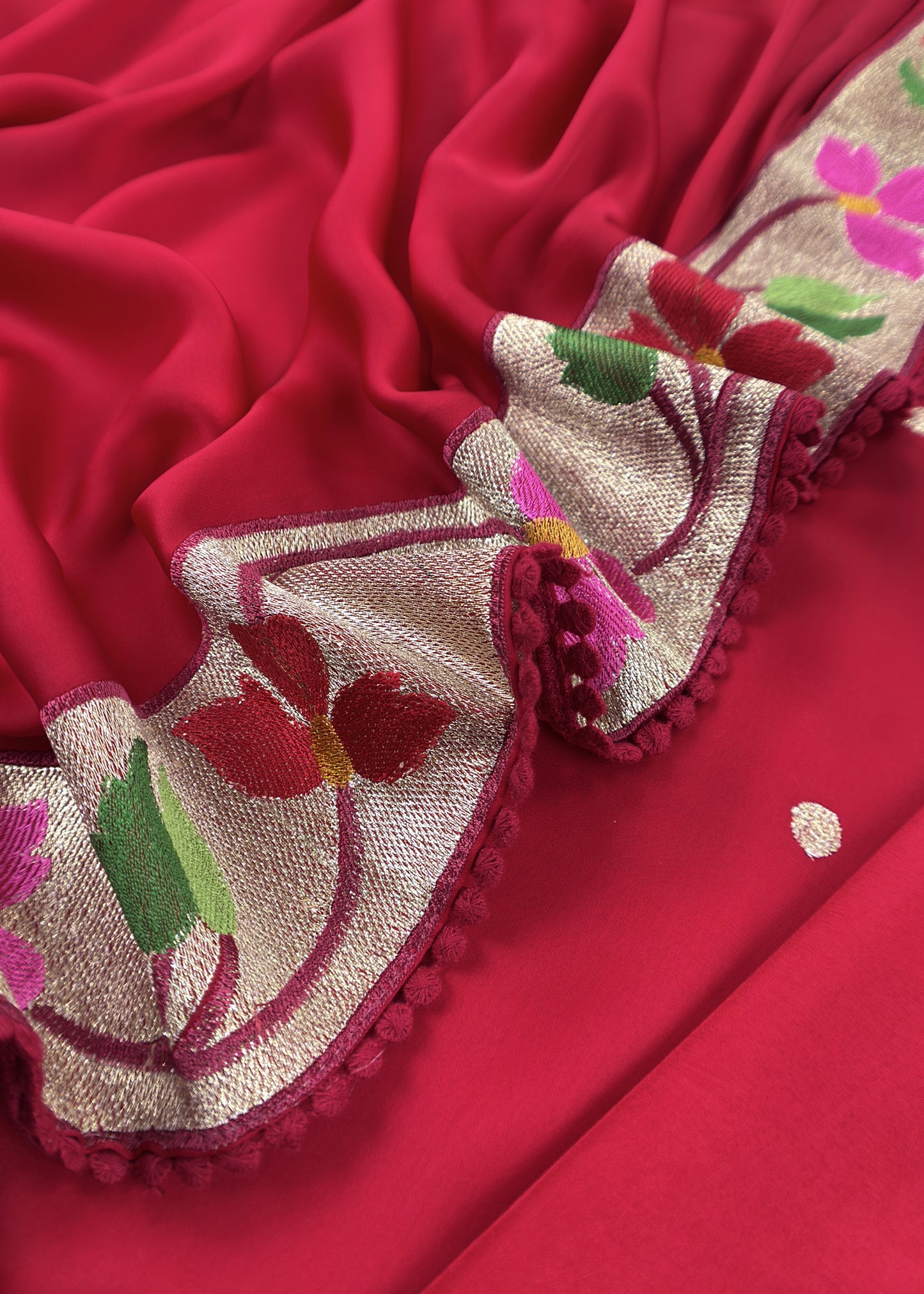 Laal Ishq Handloom Self Embroidered Satin Silk Suit Fabric With Paithani Weaving