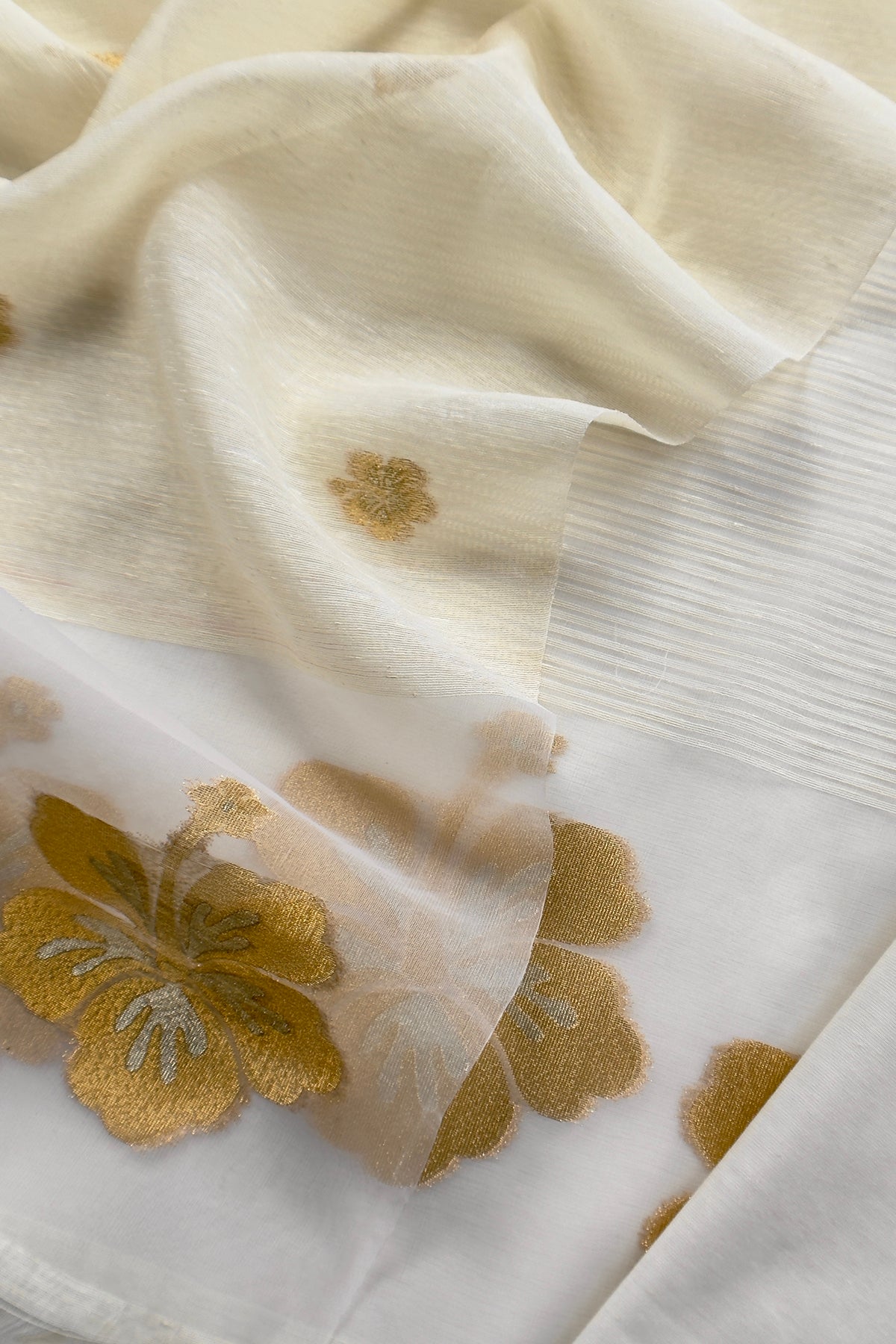 White Linen Chanderi Suit With Gold Zari Jamdani Weaving