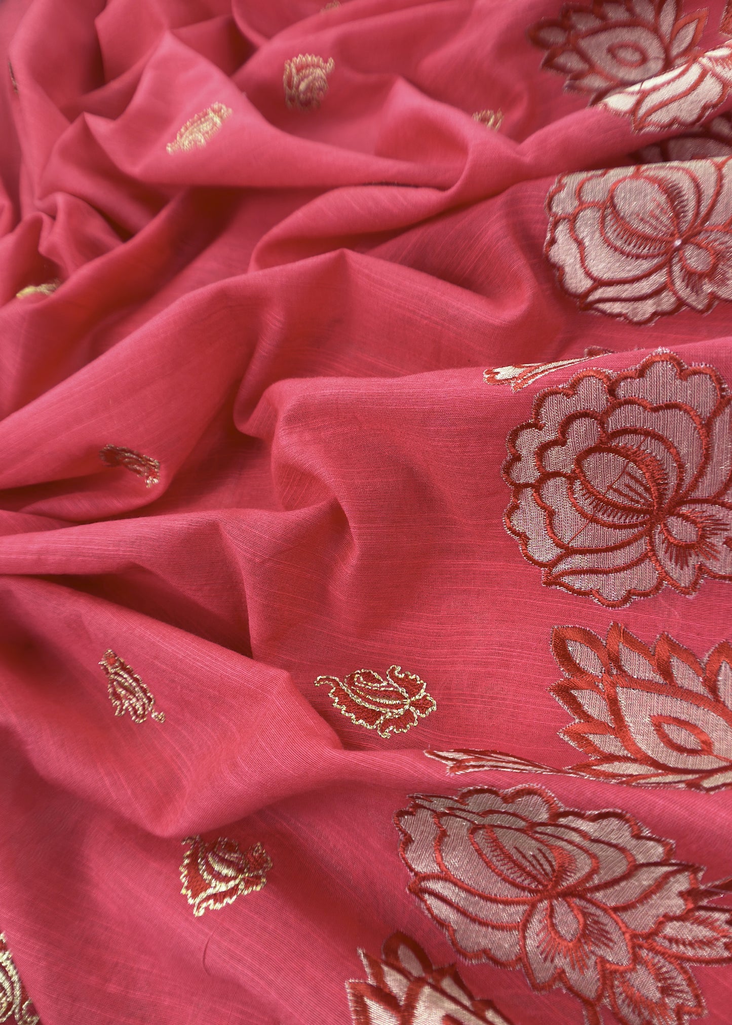 Crimson Red Raw silk Suit Fabric With Gold Tissue Applique Work