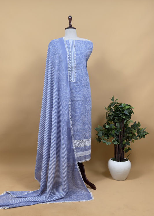 Cornflower Blue Hand Block Print Pure Mul Cotton Fabric