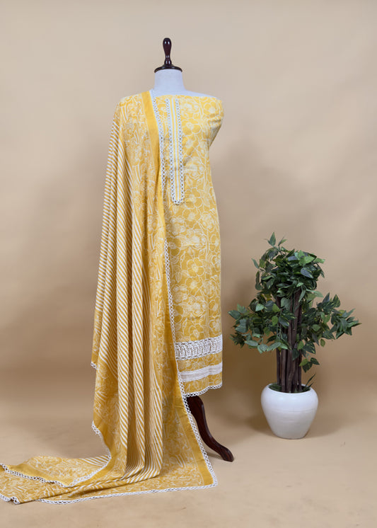 Yellow Hand Block Print Pure Mul Cotton Fabric