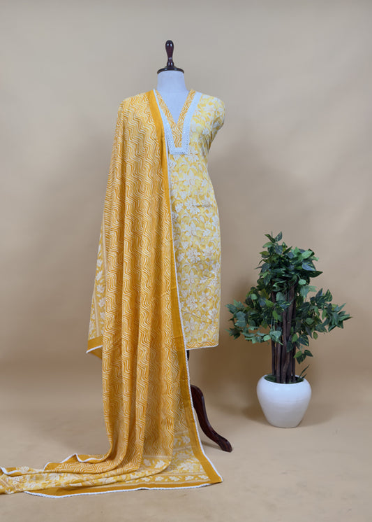 Yellow Hand Block Print Pure Mul Cotton Fabric