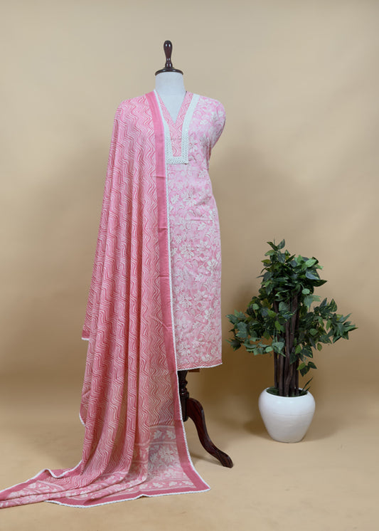 Rose Pink Hand Block Print Pure Mul Cotton Fabric