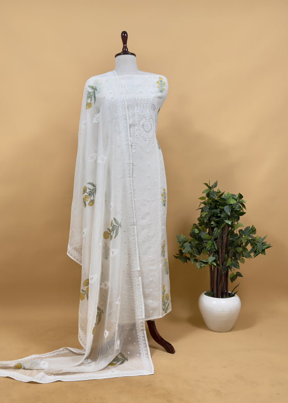 White With Pink Pure Mul Handblock Print Suit With Chikan Embroidery