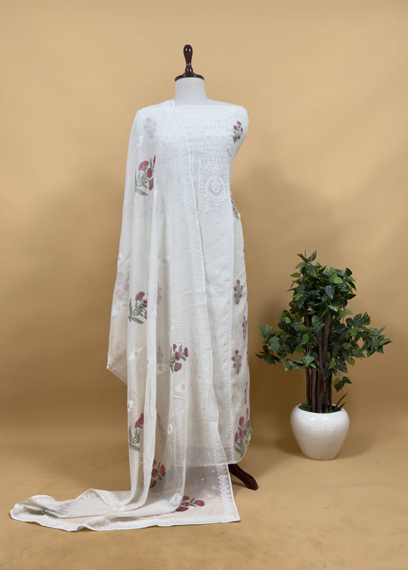 White With Pink Pure Mul Handblock Print Suit With Chikan Embroidery