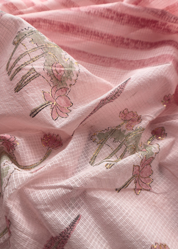 Pink Kota unstitched Suit With Block Printing