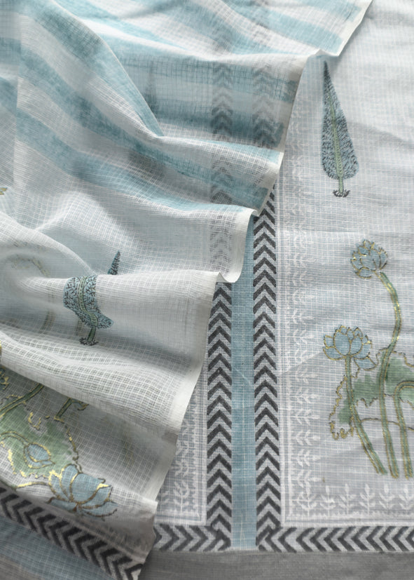 Powder Blue Kota unstitched Suit With Block Printing