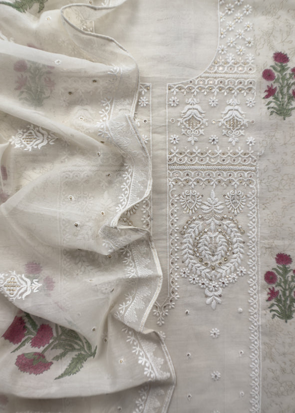 White With Pink Pure Mul Handblock Print Suit With Chikan Embroidery