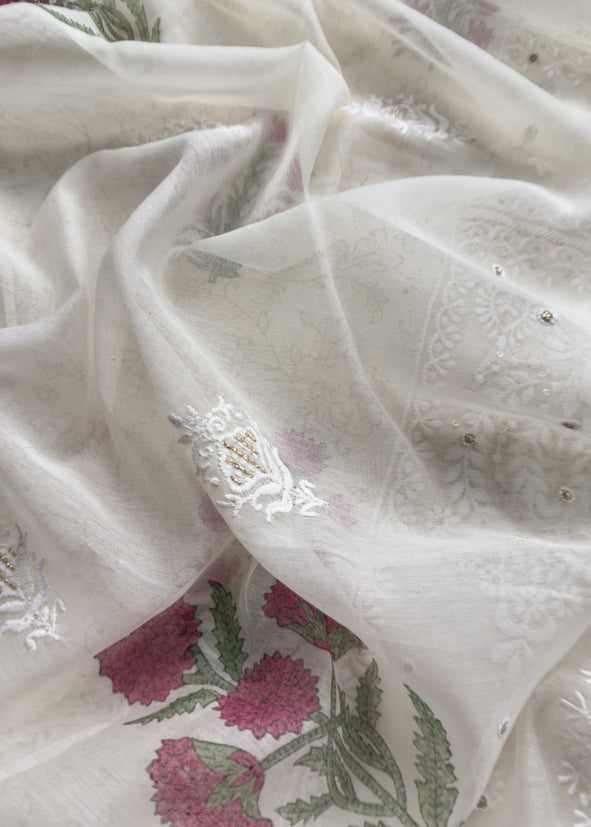 White With Pink Pure Mul Handblock Print Suit With Chikan Embroidery